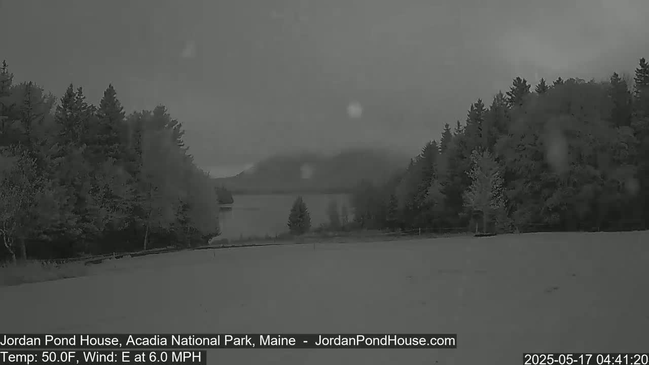 A calm lake is visible between wooded areas under an overcast sky with light precipitation.