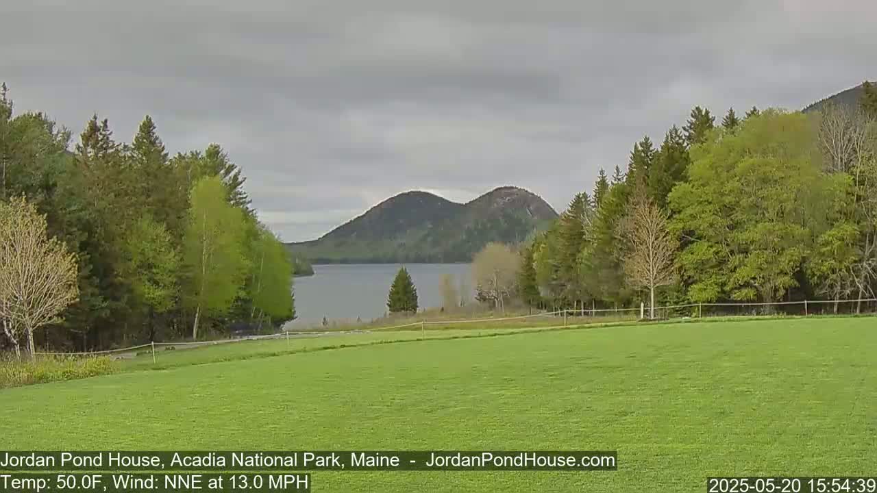 A calm, overcast day shows a verdant field overlooking a tranquil lake nestled between lush green hills.