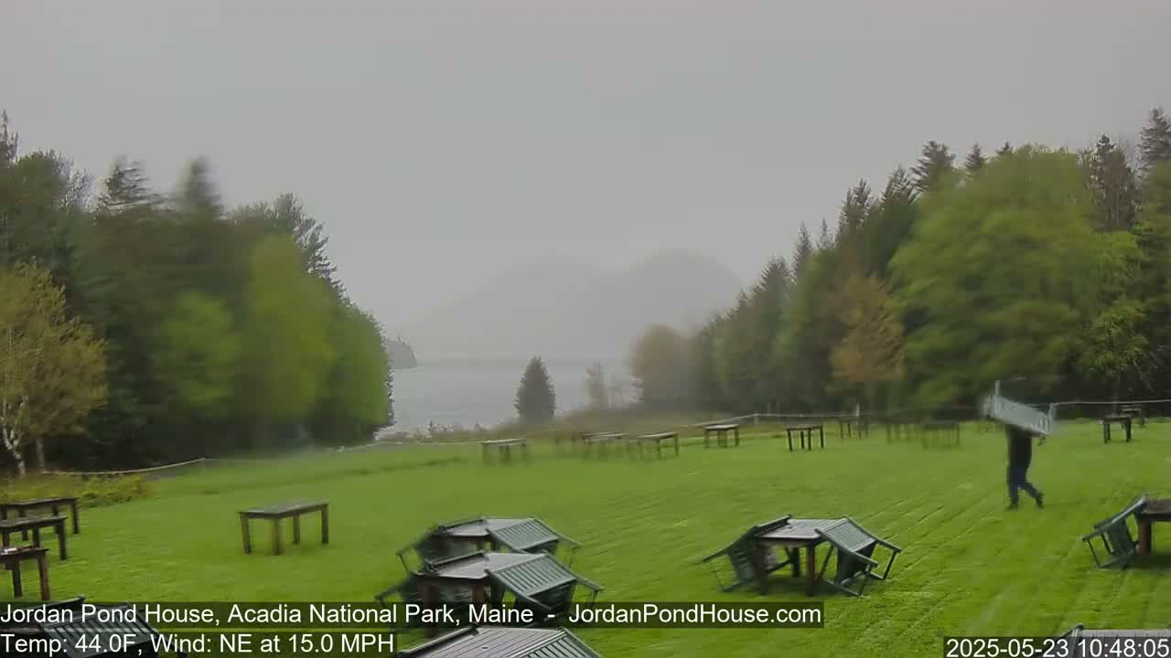 A person carries a table across a grassy area strewn with overturned picnic tables in windy, overcast conditions near a body of water and forested hills.