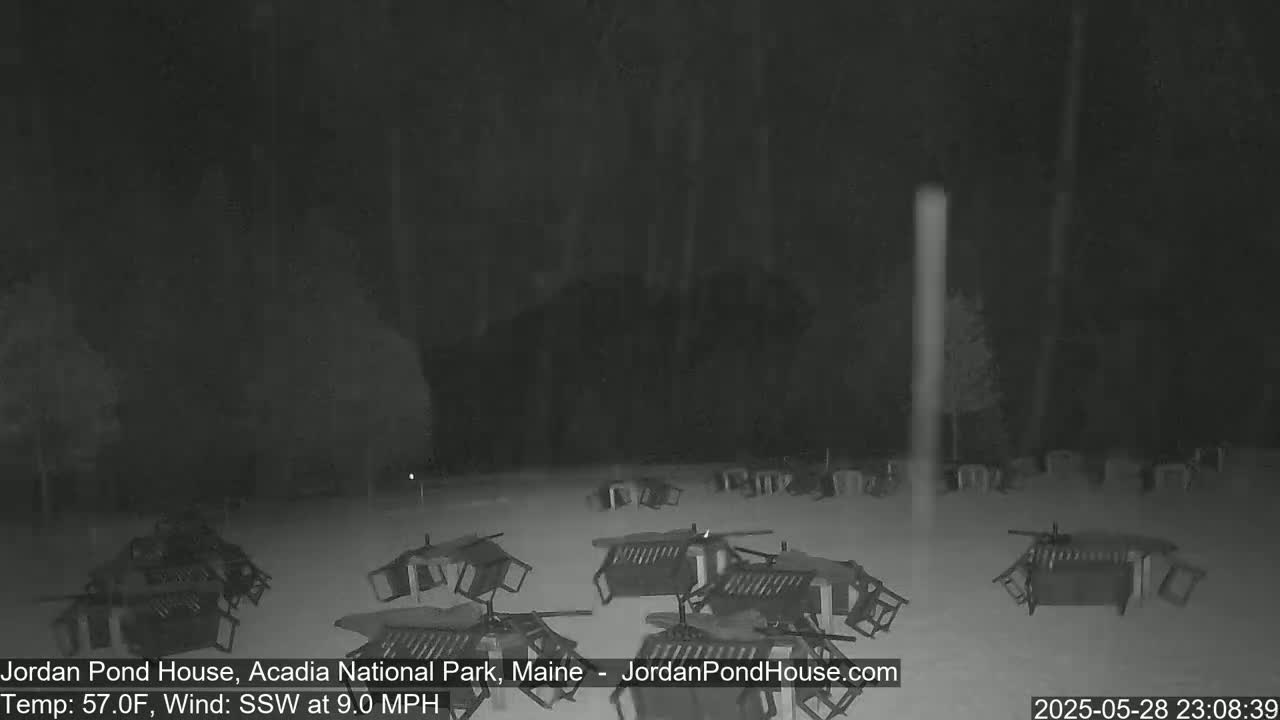 Numerous overturned chairs and tables are scattered across a snow-covered ground at night under a lightly snowing sky with a south-southwest wind.