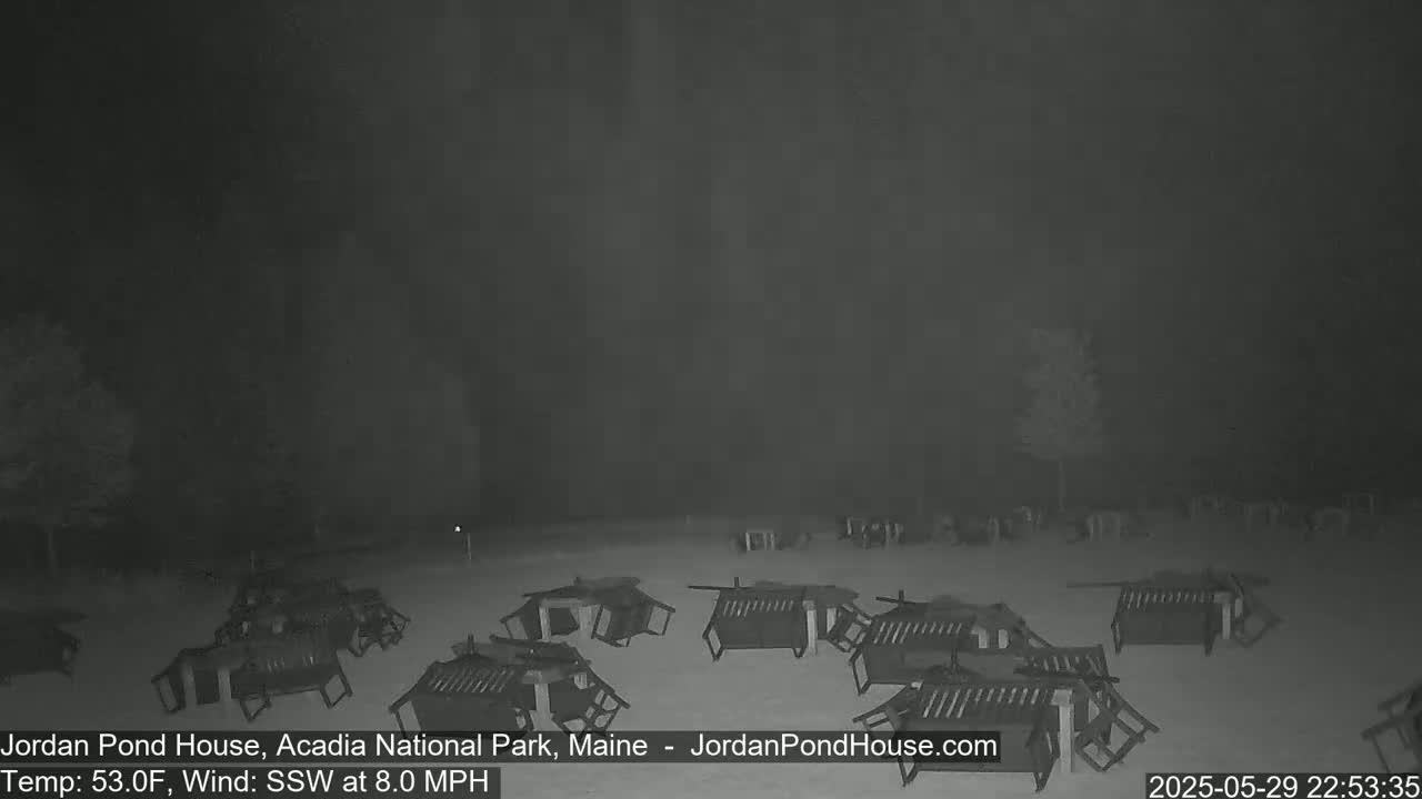 A nighttime, outdoor scene shows numerous overturned picnic tables scattered across a snow-covered ground under a dark, overcast sky with an 8 mph wind.