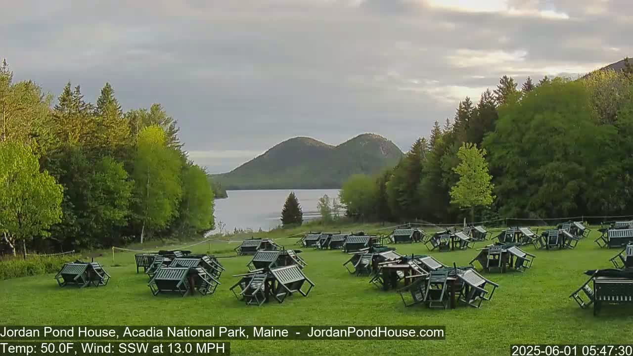 Numerous overturned green chairs and tables are scattered across a grassy field overlooking a calm lake and distant mountains under a cloudy sky.