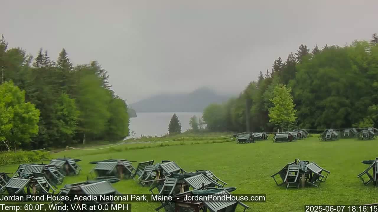 A calm, overcast day reveals a body of water partially obscured by fog in the distance, surrounded by green trees and a grassy field littered with overturned outdoor furniture.