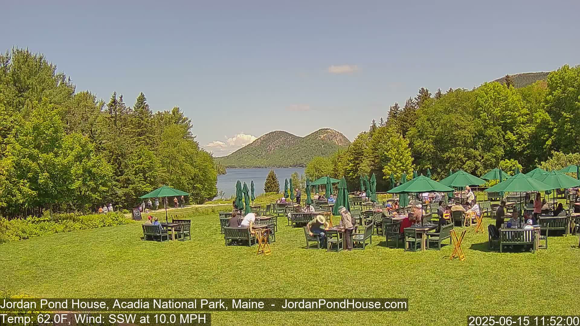 A grassy outdoor area with green umbrellas and tables, occupied by people seated at lunch, overlooks a calm lake and two distant, rounded mountains under a mostly clear sky with a gentle southwest wind.