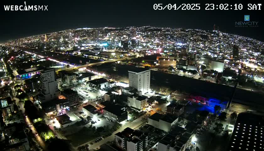 A nighttime aerial view of a brightly lit city, showing a vast expanse of buildings and streets under a clear sky.