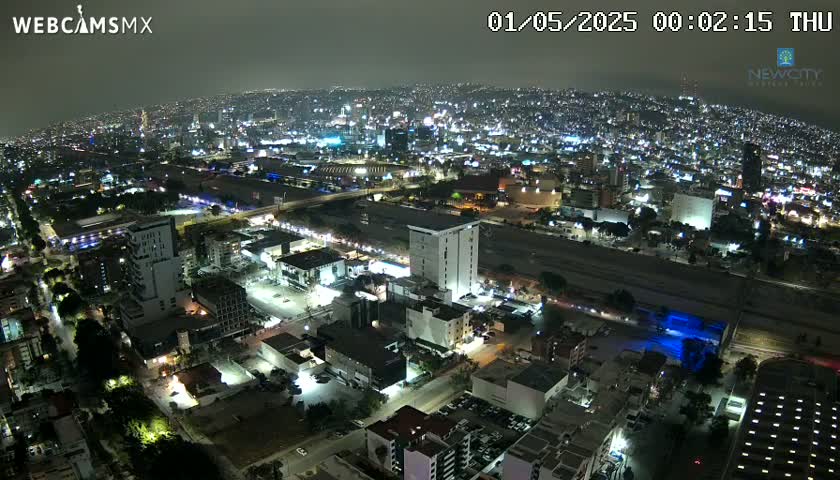 A nighttime aerial view shows a sprawling city illuminated by countless lights, under a hazy sky.
