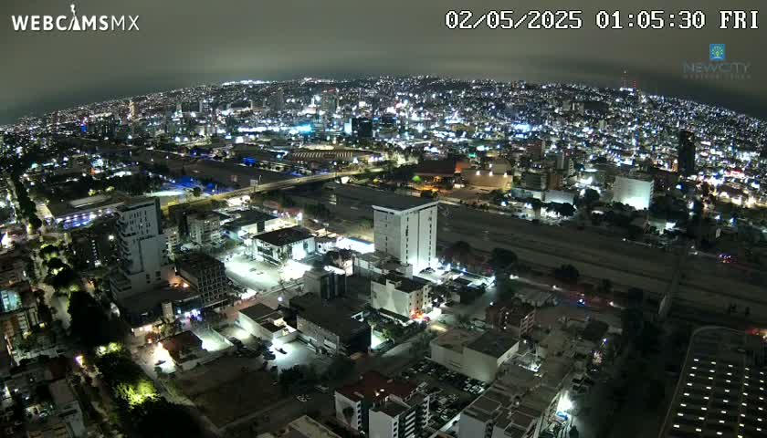 A nighttime aerial view of a sprawling city illuminated by countless lights, under a hazy sky.