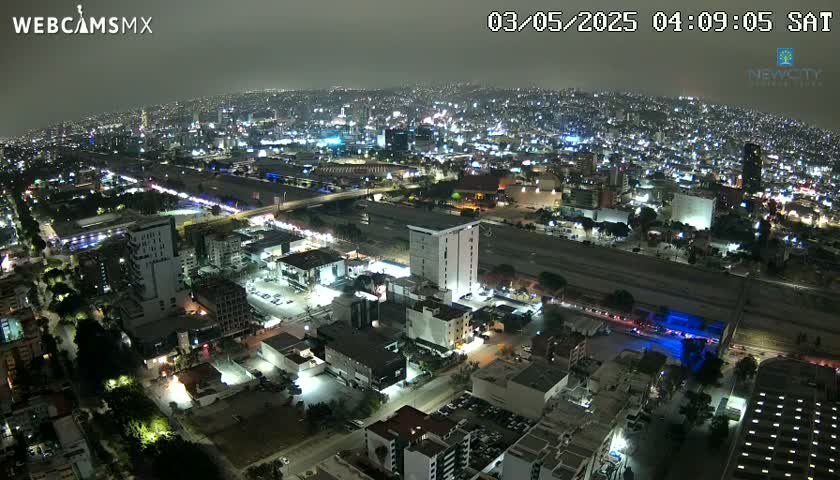 A nighttime aerial view of a sprawling city illuminated by numerous lights under hazy conditions.