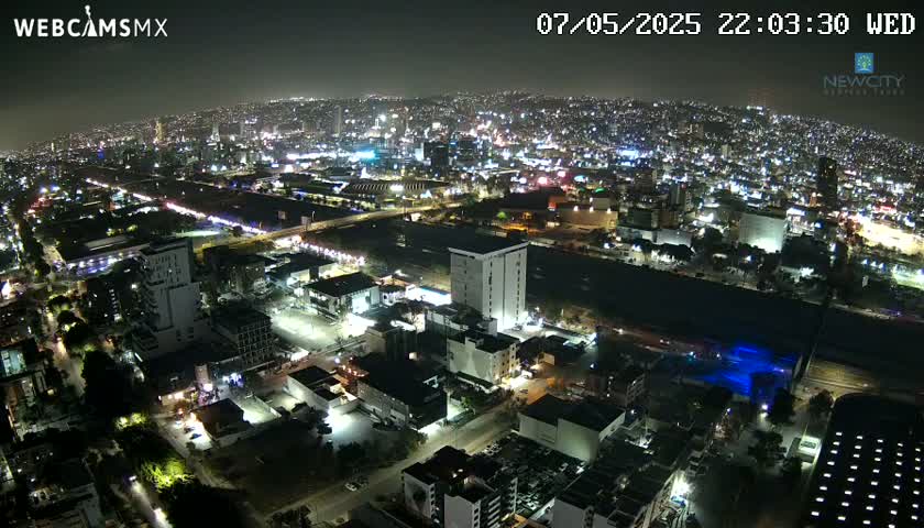 A nighttime aerial view of a sprawling city illuminated by lights, with a dark river or canal running through it.