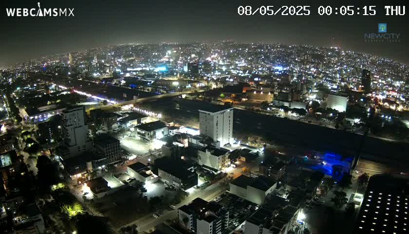 A nighttime aerial view of a city illuminated by streetlights and building lights, under a clear sky.