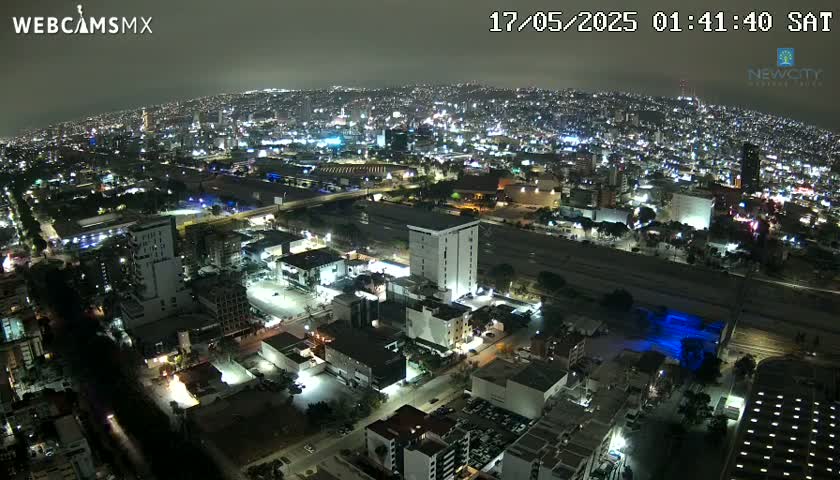 A nighttime aerial view of a sprawling city illuminated by numerous lights, under a slightly hazy sky.