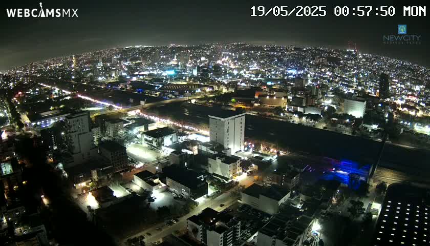 A nighttime aerial view of a sprawling city illuminated by lights, under a clear sky.