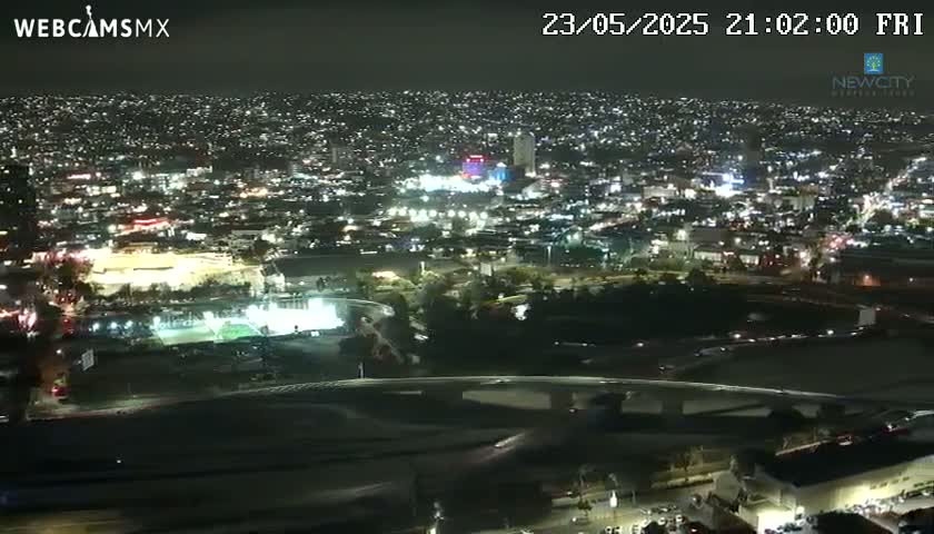 A nighttime aerial view of a sprawling city illuminated by countless lights, with a highway and park visible below.