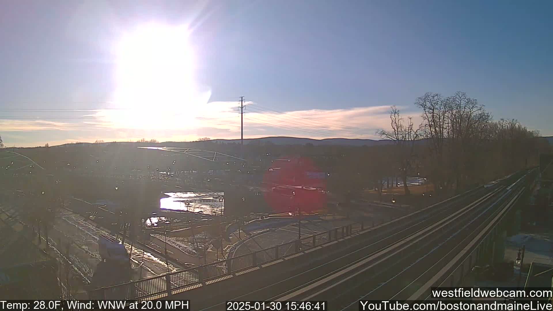 A mostly sunny, windy day is depicted, showcasing a view of a park and train tracks from an elevated perspective.