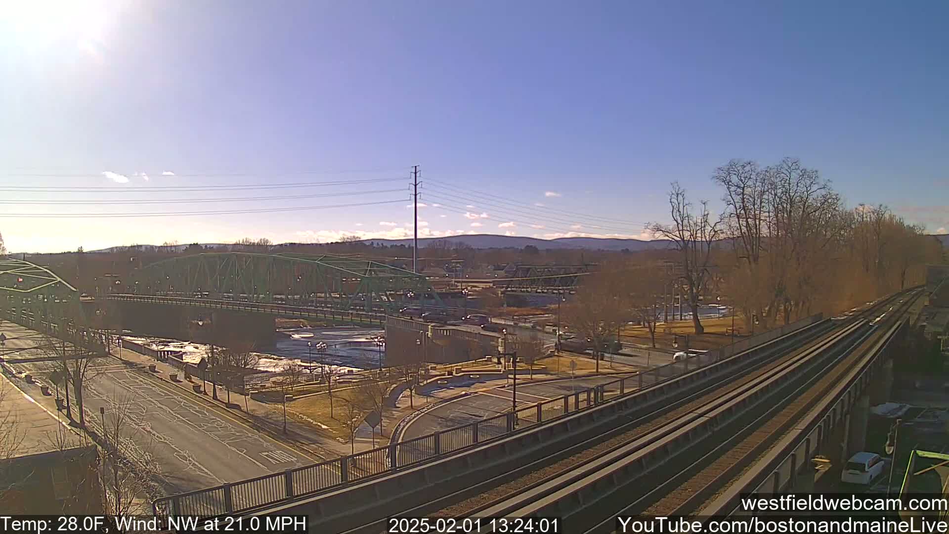 A green bridge spans a river under a bright, sunny sky with a strong northwest wind, alongside train tracks and a road.