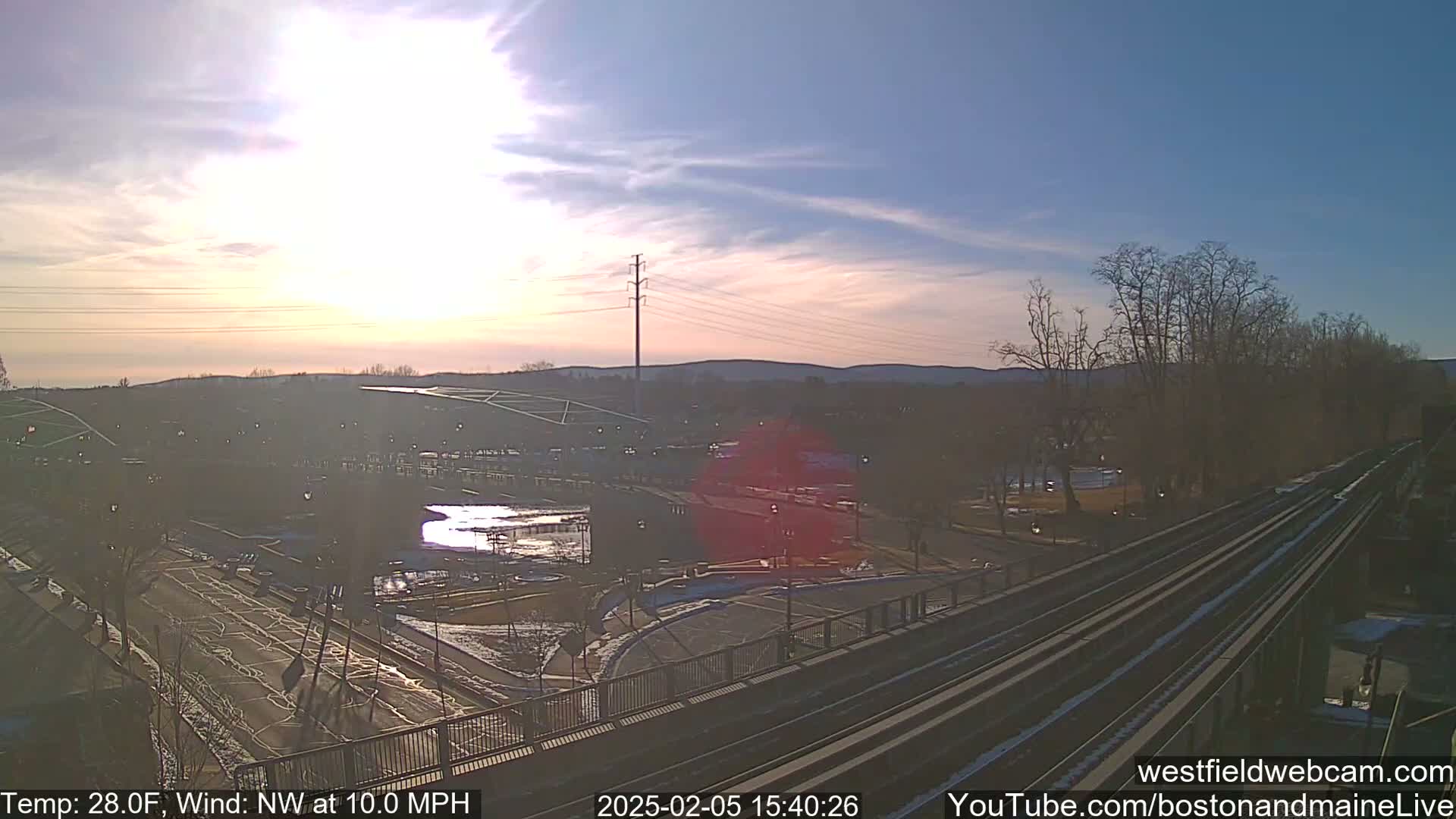 A mostly sunny, late afternoon scene overlooking a park, a body of water, train tracks, and distant hills, with a northwest wind at 10 mph and a temperature of 28 degrees Fahrenheit.