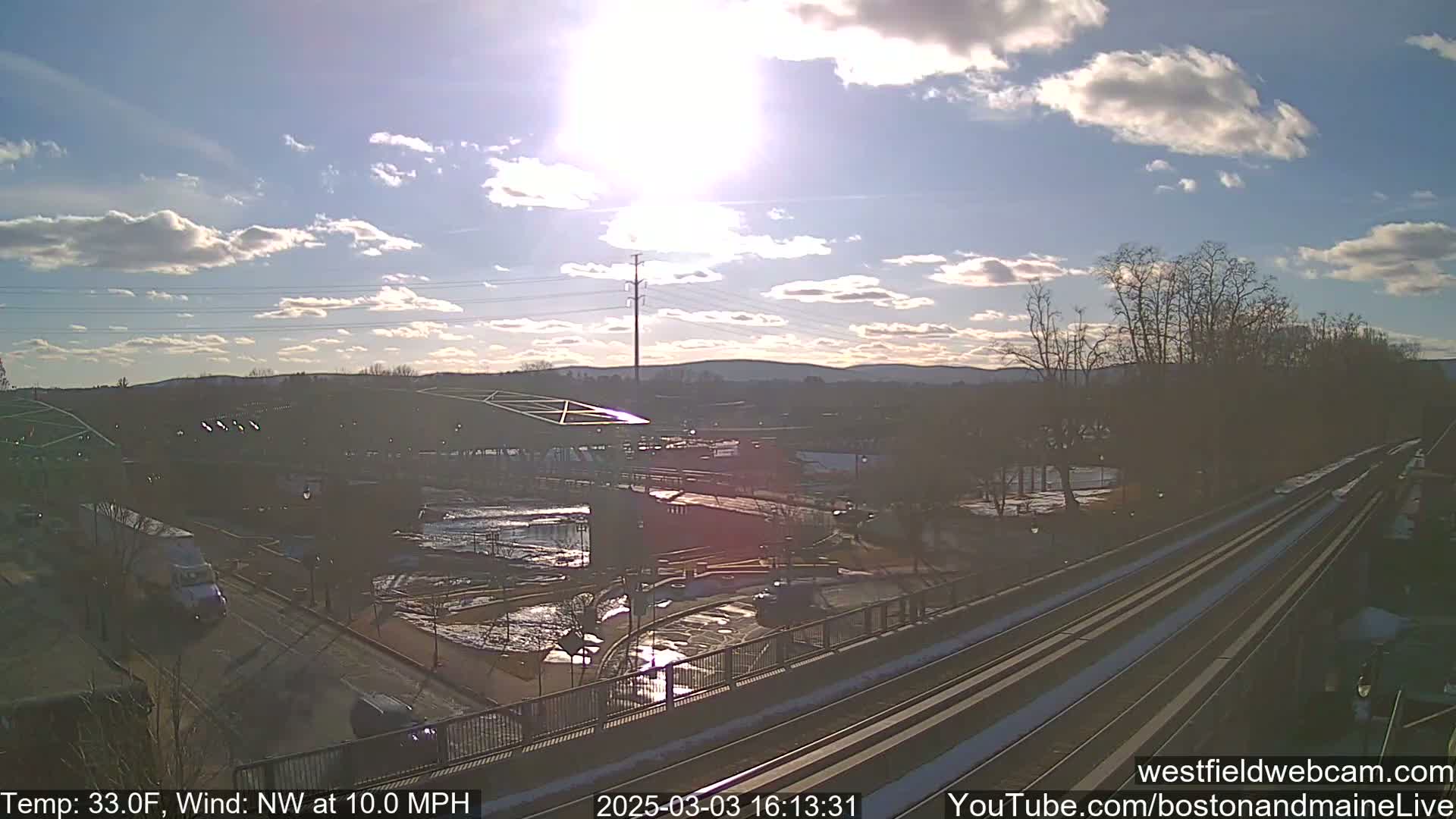 A partly sunny day with a northwest wind at 10 mph shows a view of a train track, a roadway, and a body of water, all surrounded by trees and buildings under a mostly clear sky.