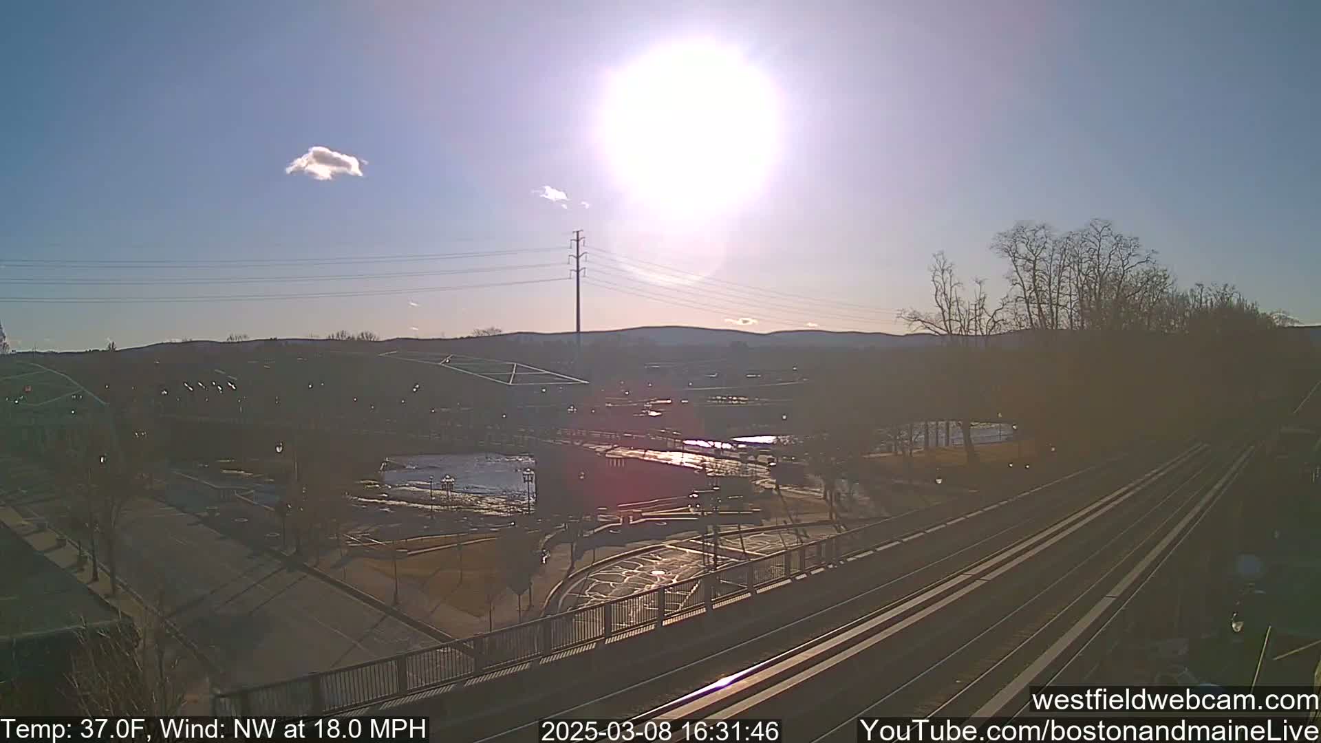 A sunny, windy day overlooking a river and train tracks, with a bridge and a park visible in the foreground.