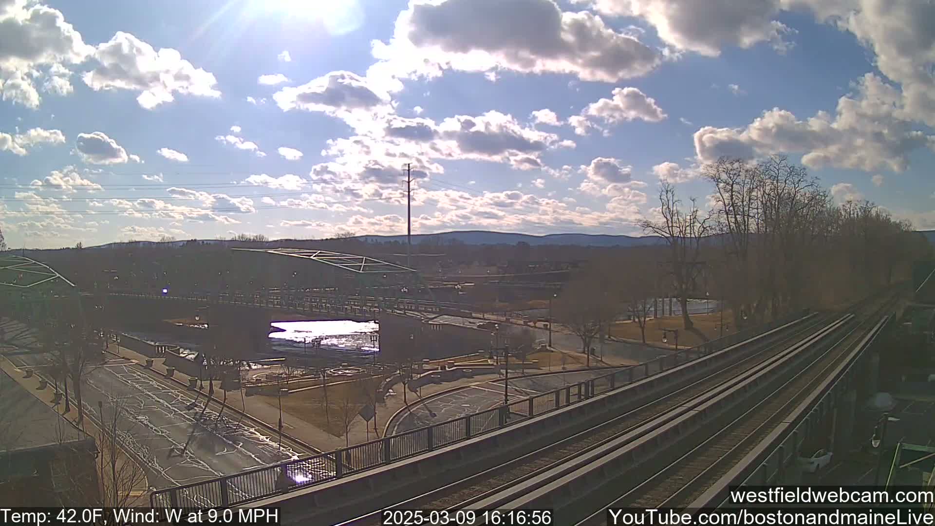 A partly sunny day with a west wind at 9 mph shows a view of a river, two bridges, a road, and train tracks, with bare trees lining the riverbank and distant hills in the background.