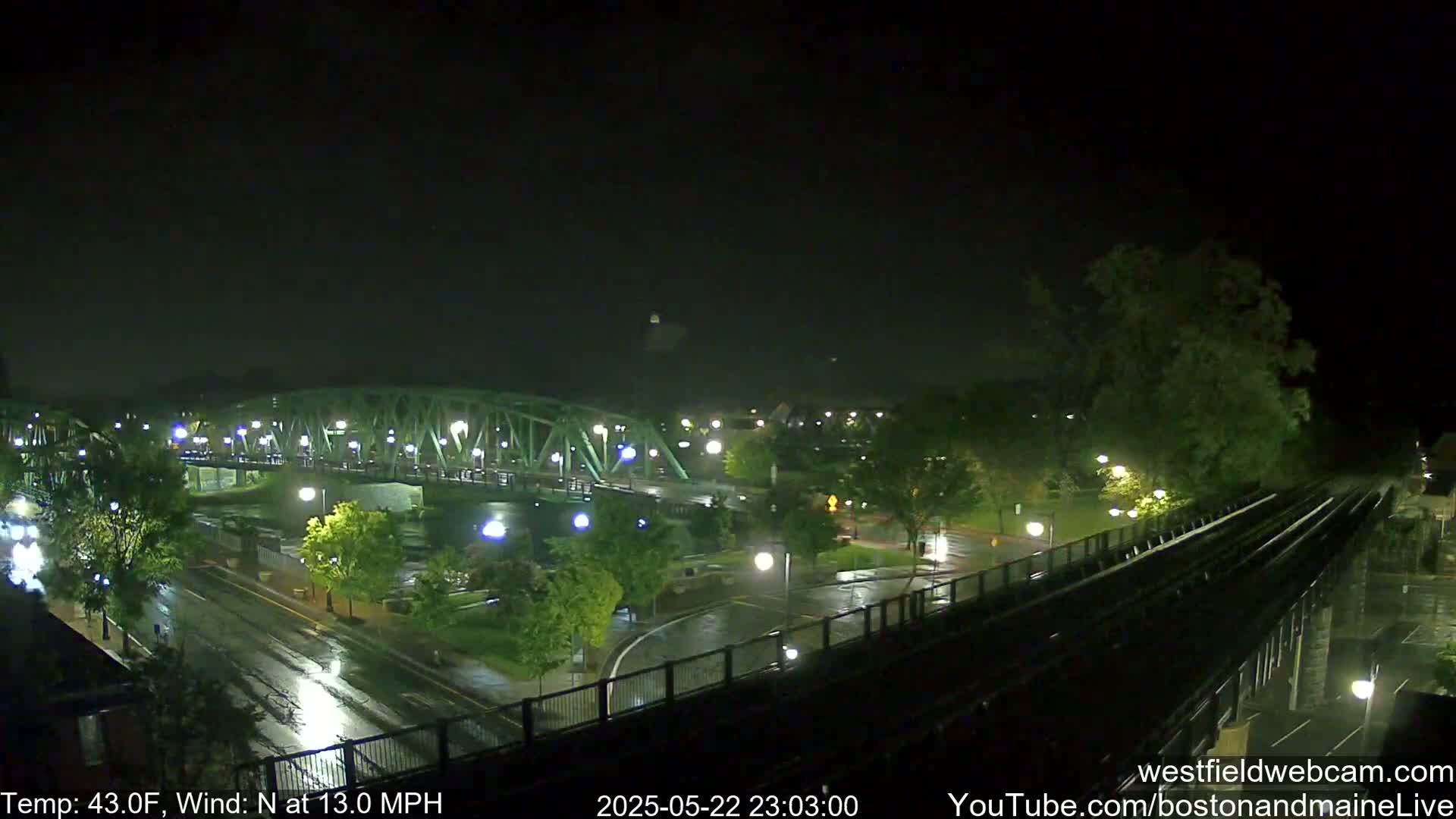 A nighttime view of a rain-slicked city street and bridge, with a train track elevated alongside, under a dark sky with a north wind.