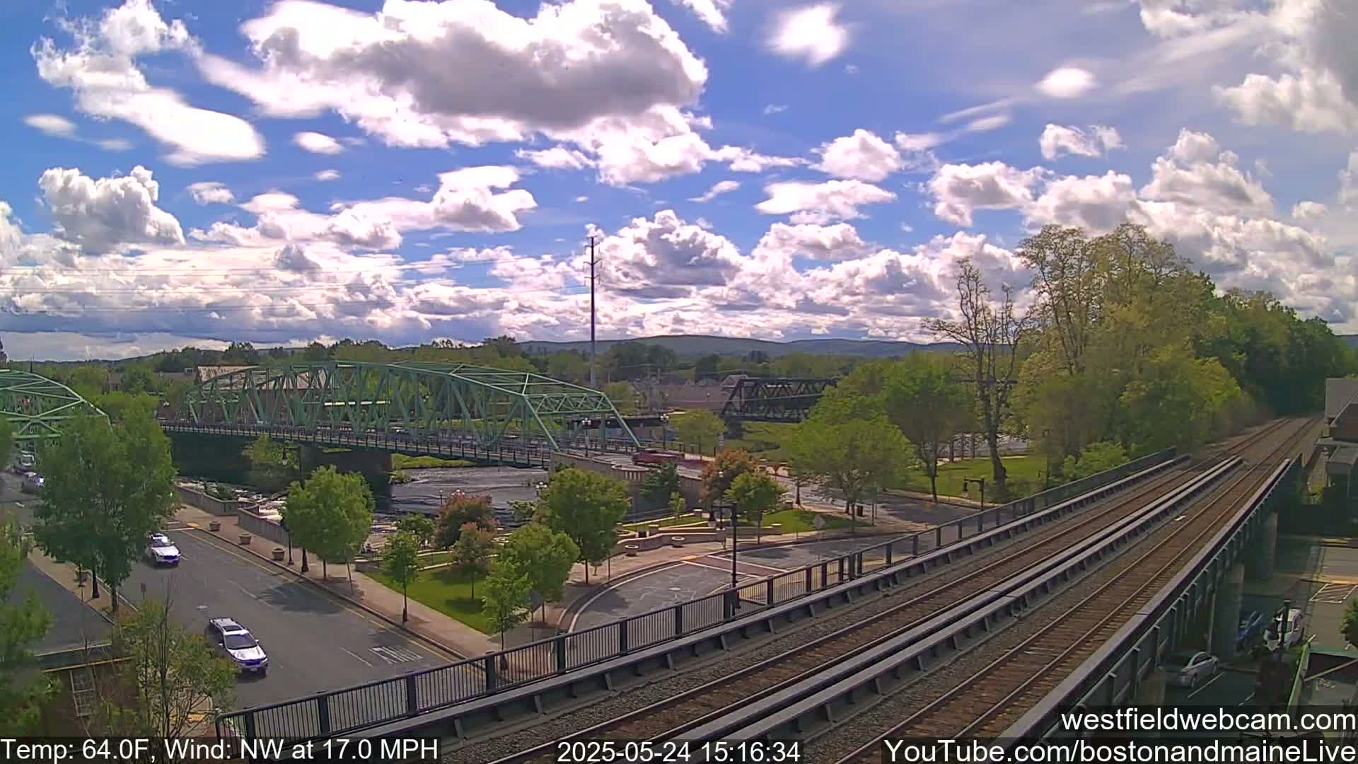 A partly cloudy day with a northwest wind shows a river scene with two bridges, a roadway, and train tracks.
