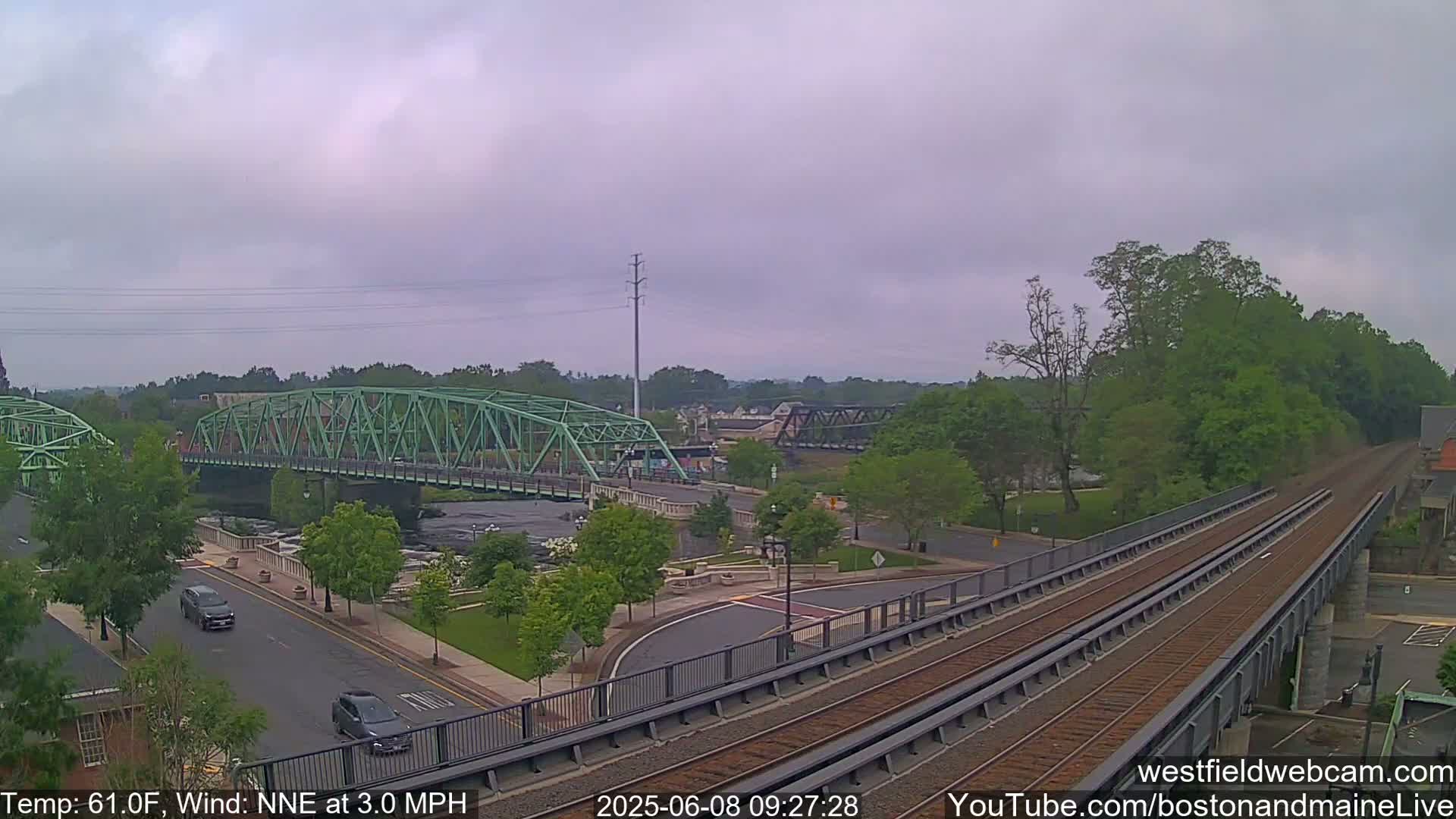 A view of a town on an overcast day, showing two bridges, a roadway, and train tracks, with lush green trees and landscaping.