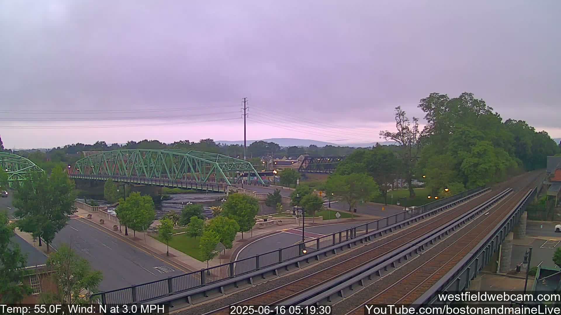 A green bridge spans a river, with a train track and road intersecting below under a light purple-grey sky.