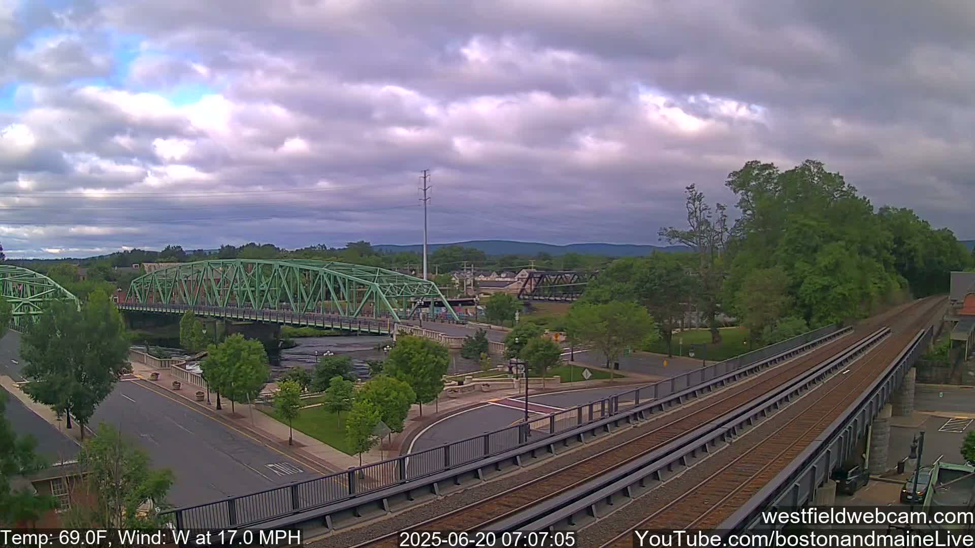 A view of a town with two bridges over a river, under a partly cloudy sky, with a wind of 17 mph.