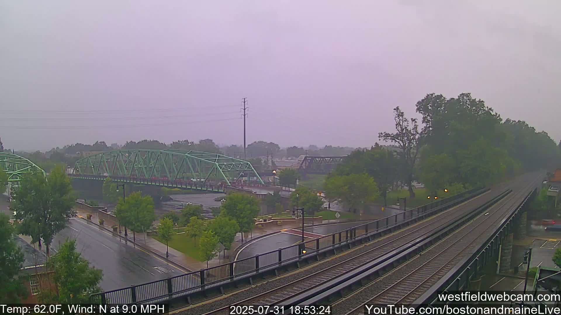 A rainy view of a river, two bridges, a roadway, and train tracks, with green trees and overcast skies.