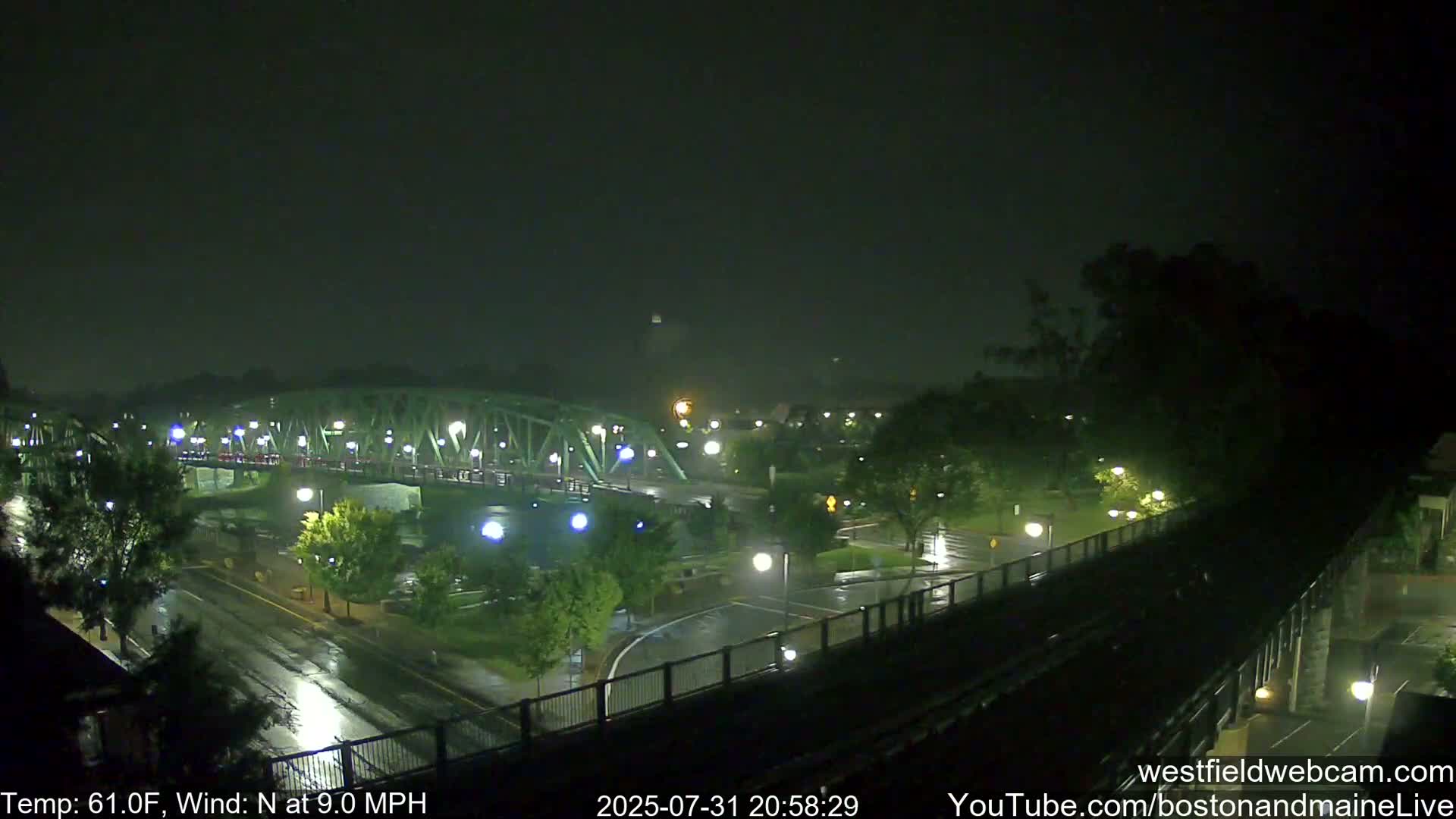 A rainy view of a river, two bridges, a roadway, and train tracks, with green trees and overcast skies.