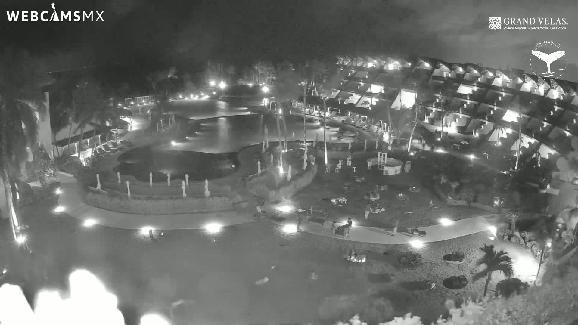 An aerial nighttime view of a resort complex with a large pool, palm trees, and low-level lighting.