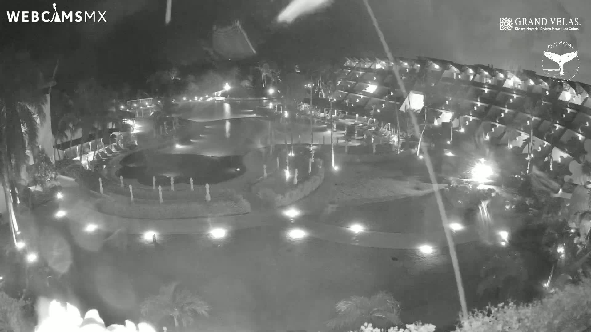 A nighttime, rain-sprinkled view of a resort pool area with surrounding buildings and landscaping, illuminated by outdoor lighting.