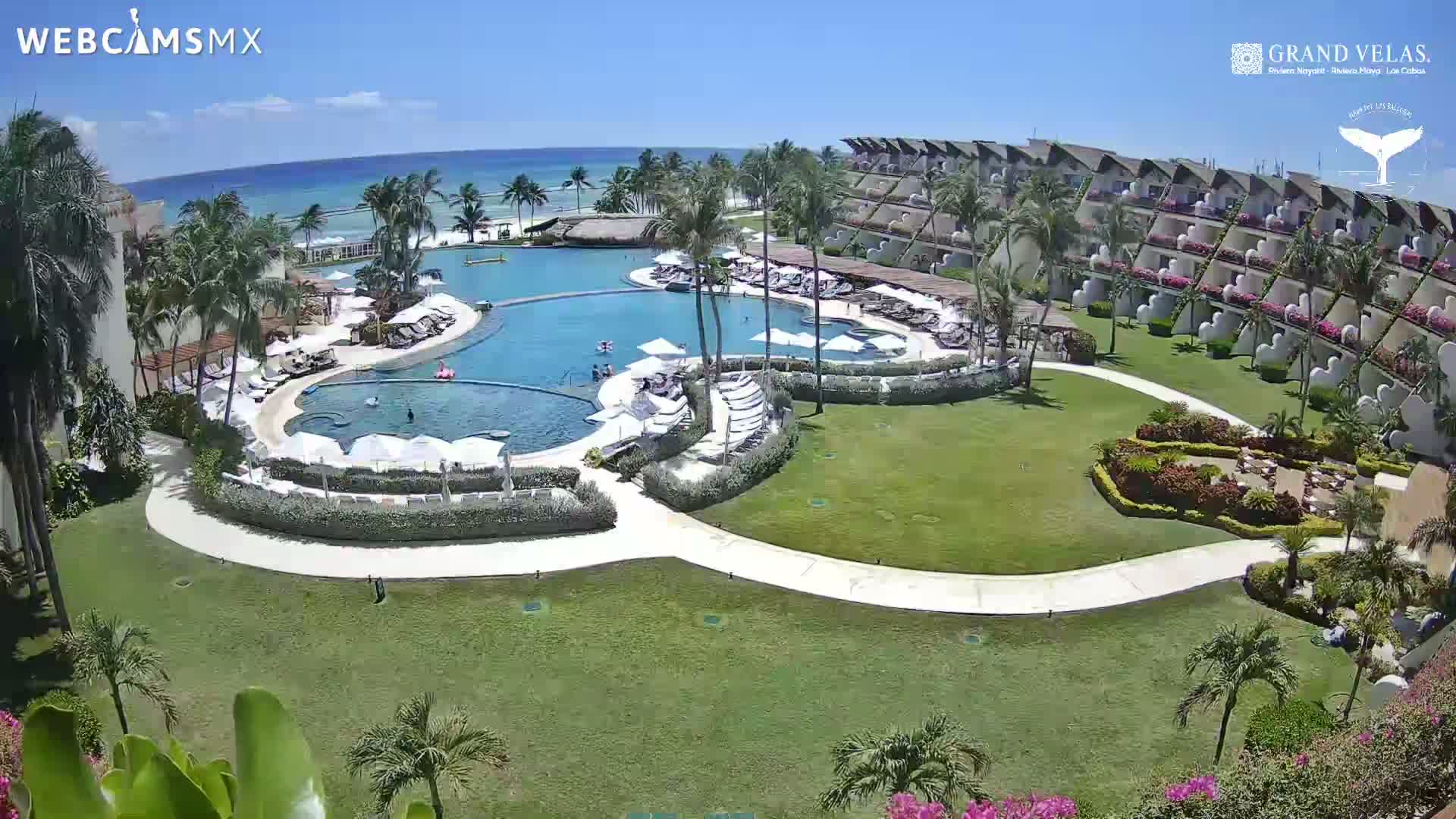 An aerial view shows a resort with a large pool, surrounding buildings, lush landscaping, and a clear, sunny day with a calm ocean in the background.