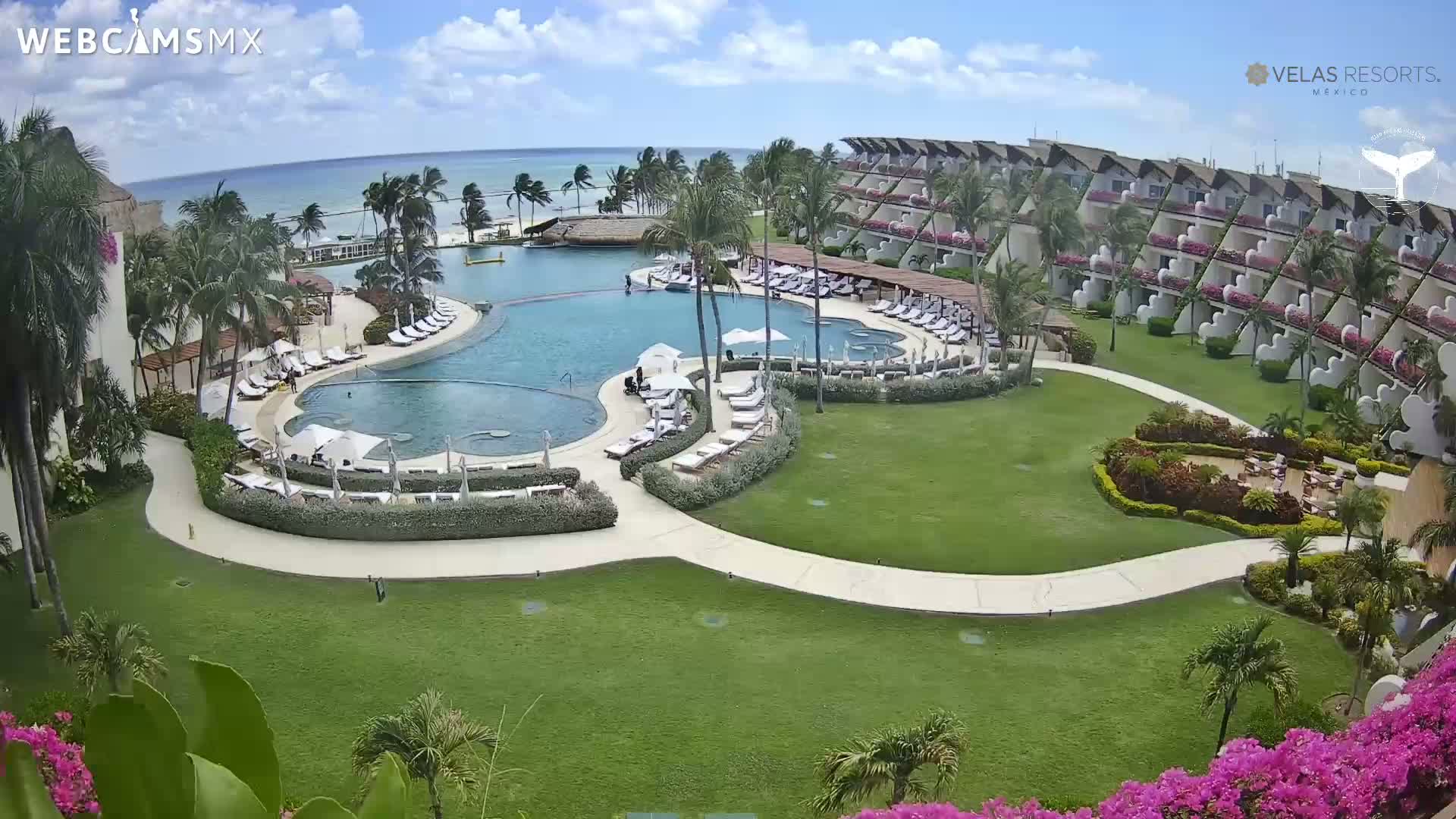 A resort with a large, curving pool surrounded by lounge chairs and lush landscaping sits next to a calm ocean under a partly cloudy sky.