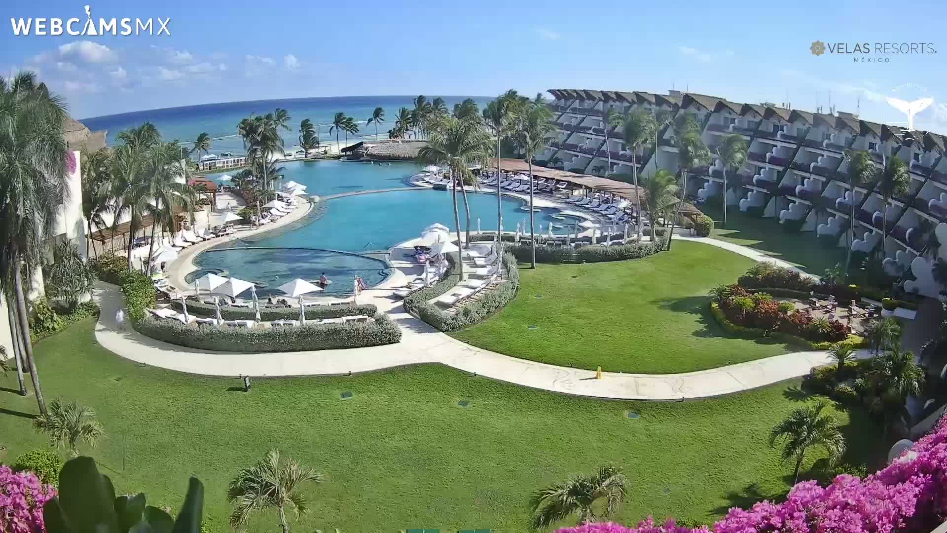 An aerial view shows a resort with a large, curving pool surrounded by lush green lawns, palm trees, and a multi-story building overlooking a calm ocean under a clear, sunny sky.
