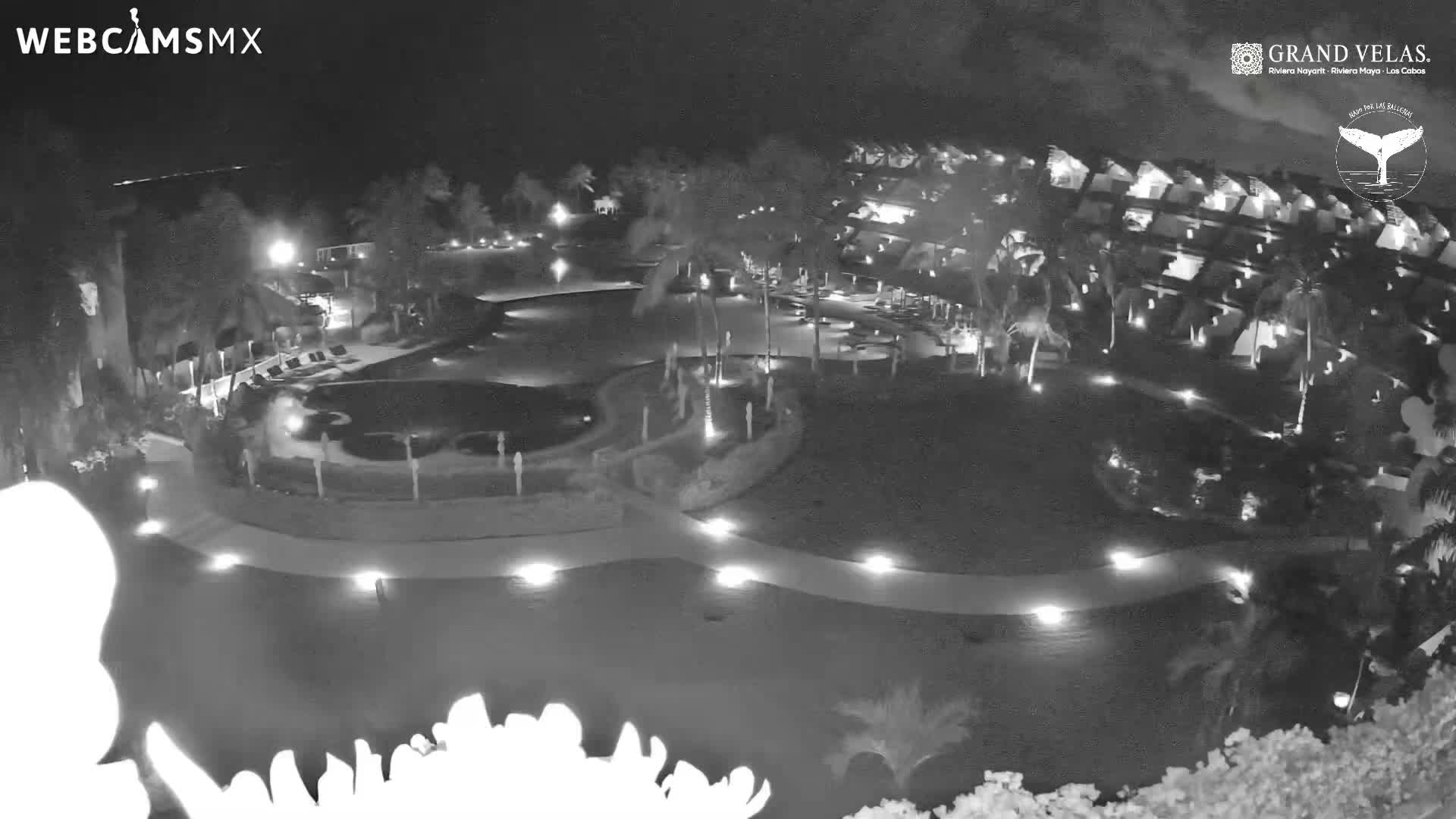 An elevated, black and white nighttime view shows a well-lit resort complex featuring multiple swimming pools, pathways, and numerous palm trees, all under a clear sky.