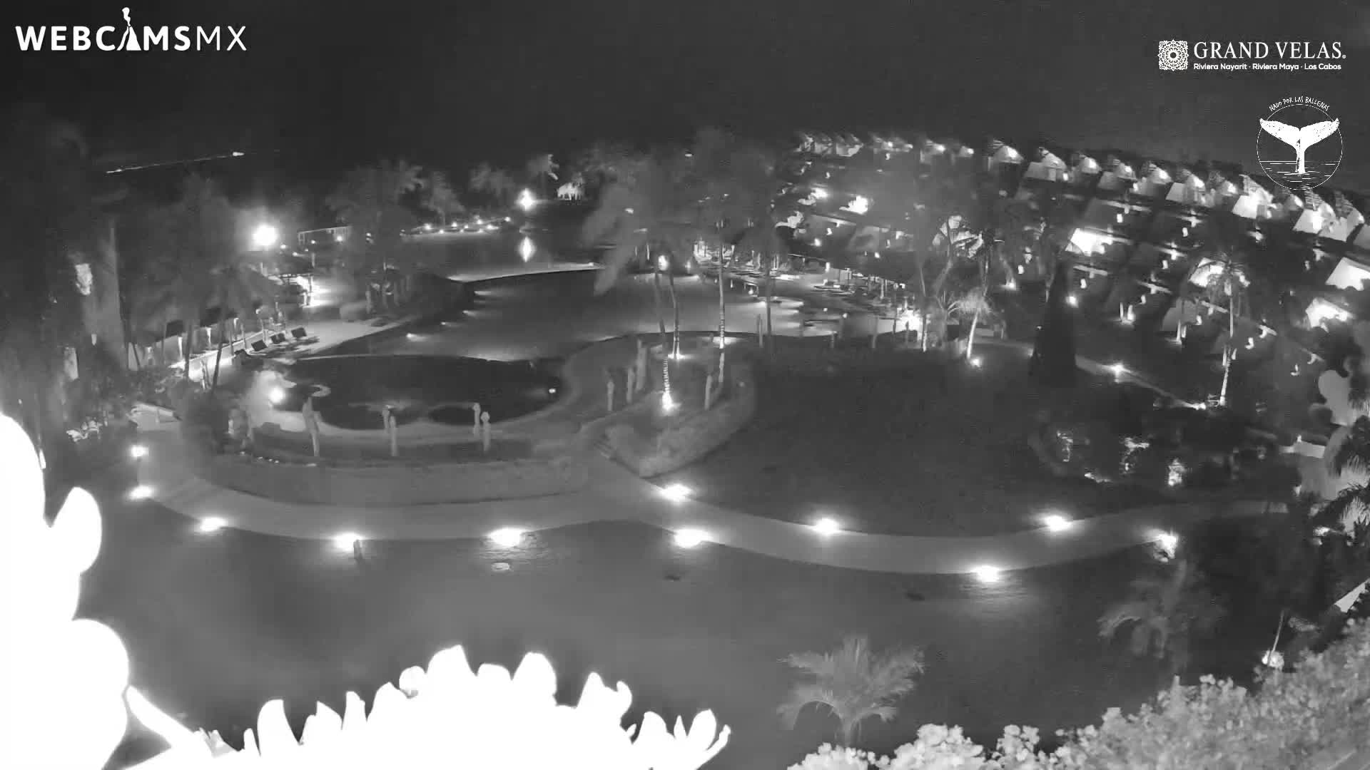 An outdoor resort complex is brightly illuminated at night, showcasing multiple swimming pools, winding pathways, palm trees, and hotel buildings under clear conditions.