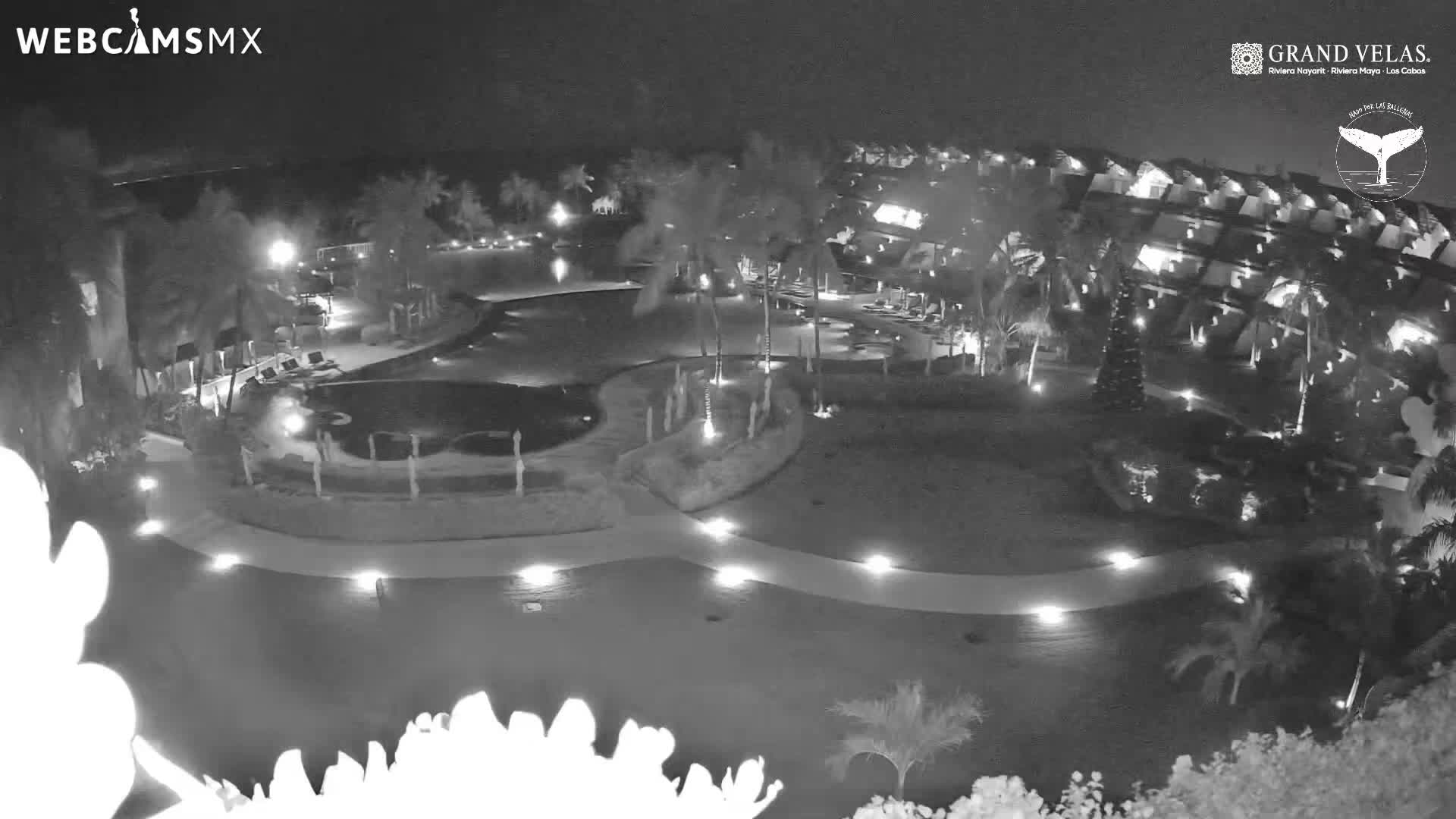 Infrared imagery reveals a brightly lit resort at night, showcasing winding swimming pools, illuminated pathways, palm trees, and hotel buildings under a clear, dark sky.