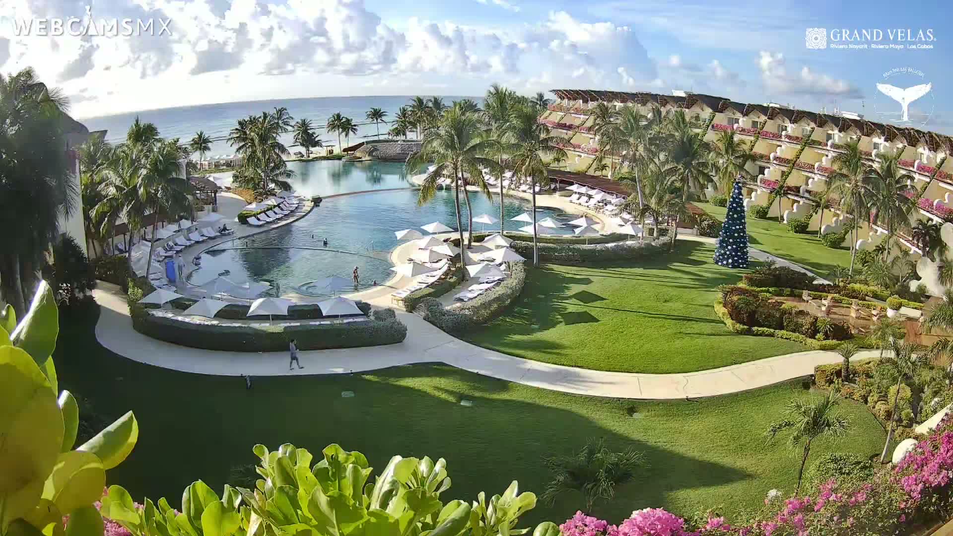 Infrared imagery reveals a brightly lit resort at night, showcasing winding swimming pools, illuminated pathways, palm trees, and hotel buildings under a clear, dark sky.