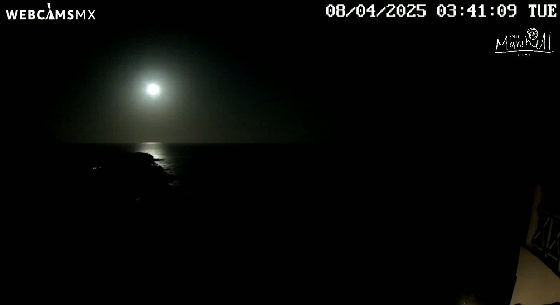 A bright moon illuminates a dark ocean and coastline at night.