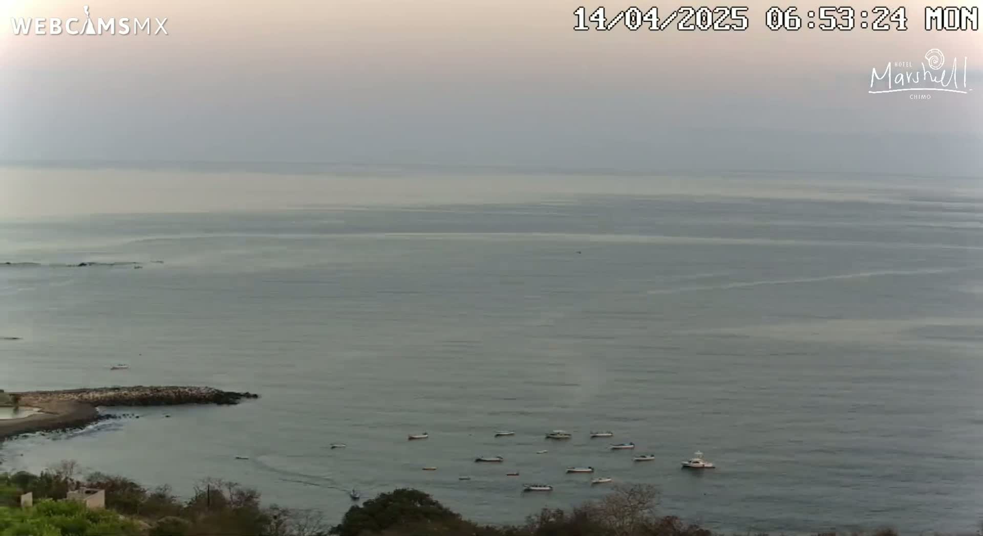 A hazy, overcast view shows a calm ocean with several small boats near the shore and land with some vegetation in the foreground.
