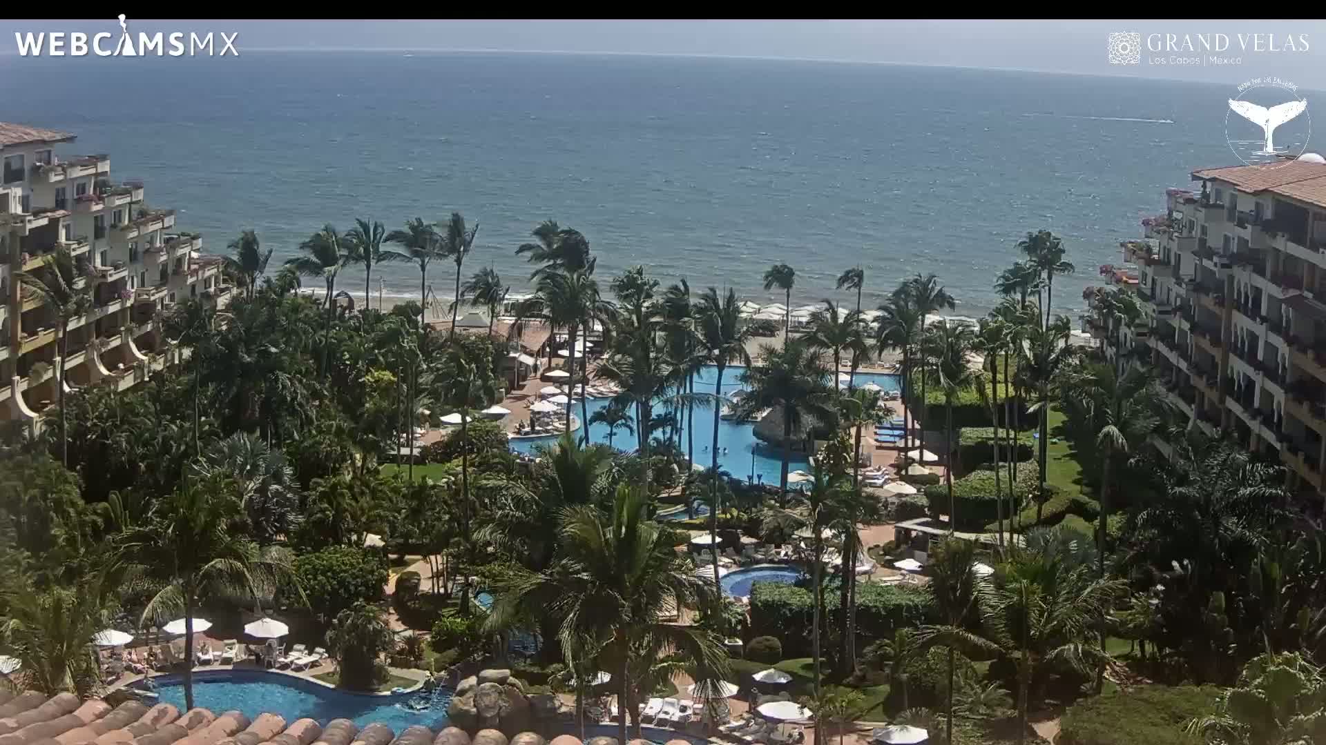A resort with multiple pools and palm trees is situated next to a beach and ocean on a windy, sunny day.