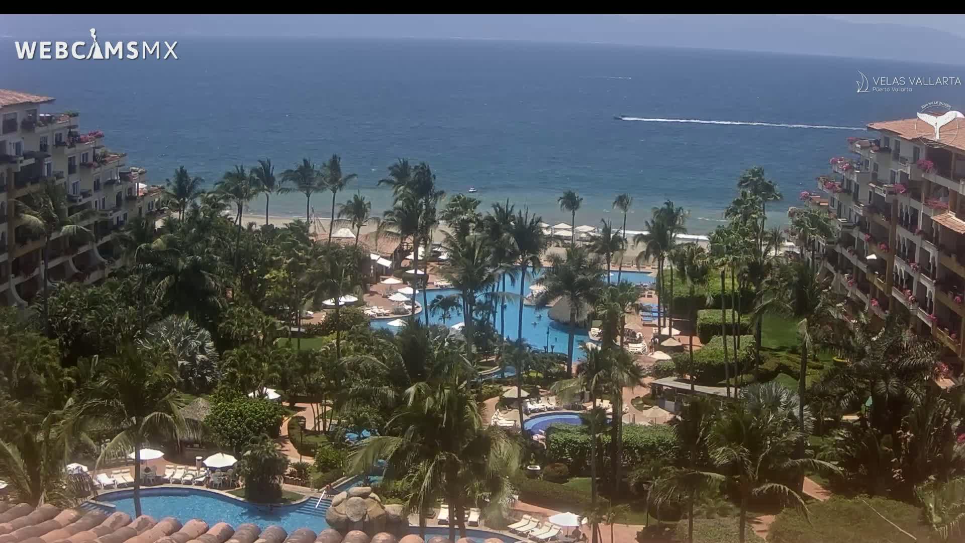 A resort with multiple pools is nestled amongst lush tropical vegetation overlooking a calm ocean on a sunny day.