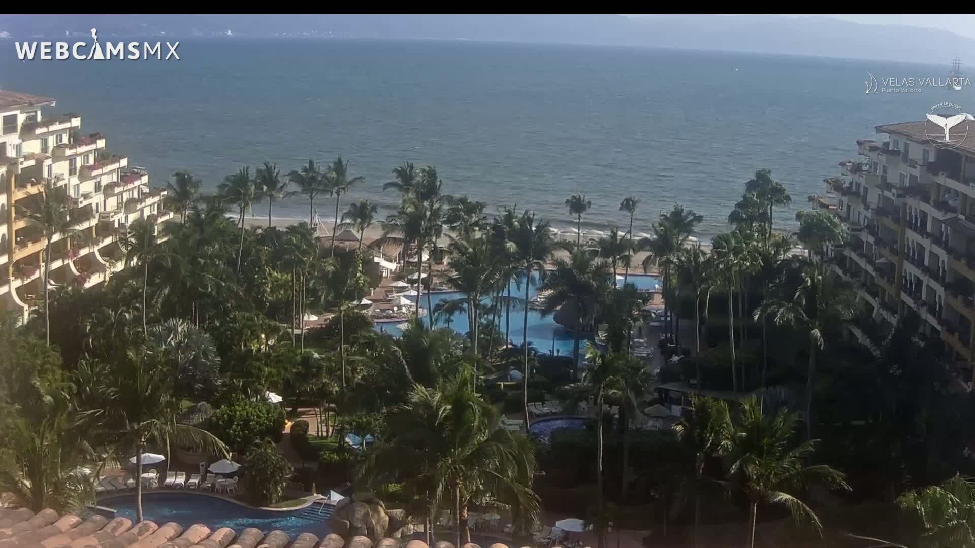 An ocean view from a high vantage point shows a beach, resort pools, and palm trees under a sunny sky.