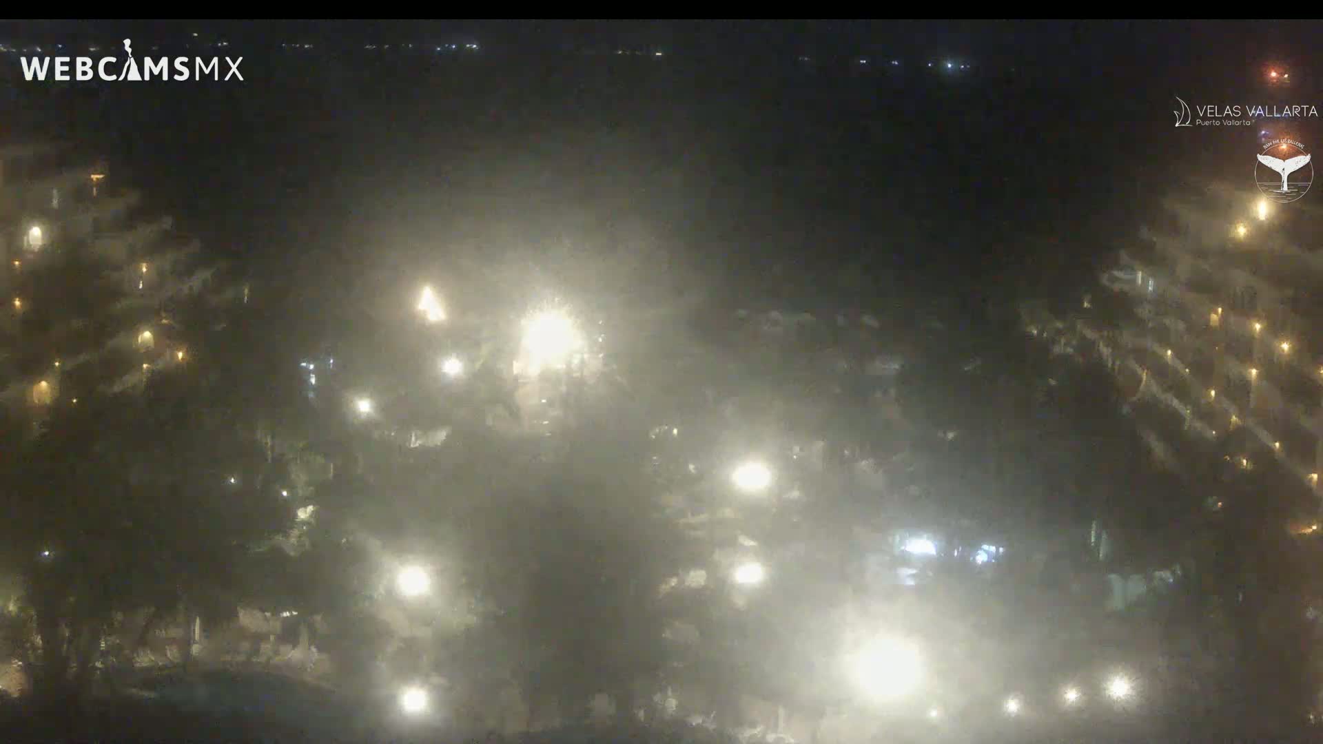 A hazy night scene shows numerous lights illuminating buildings and trees.