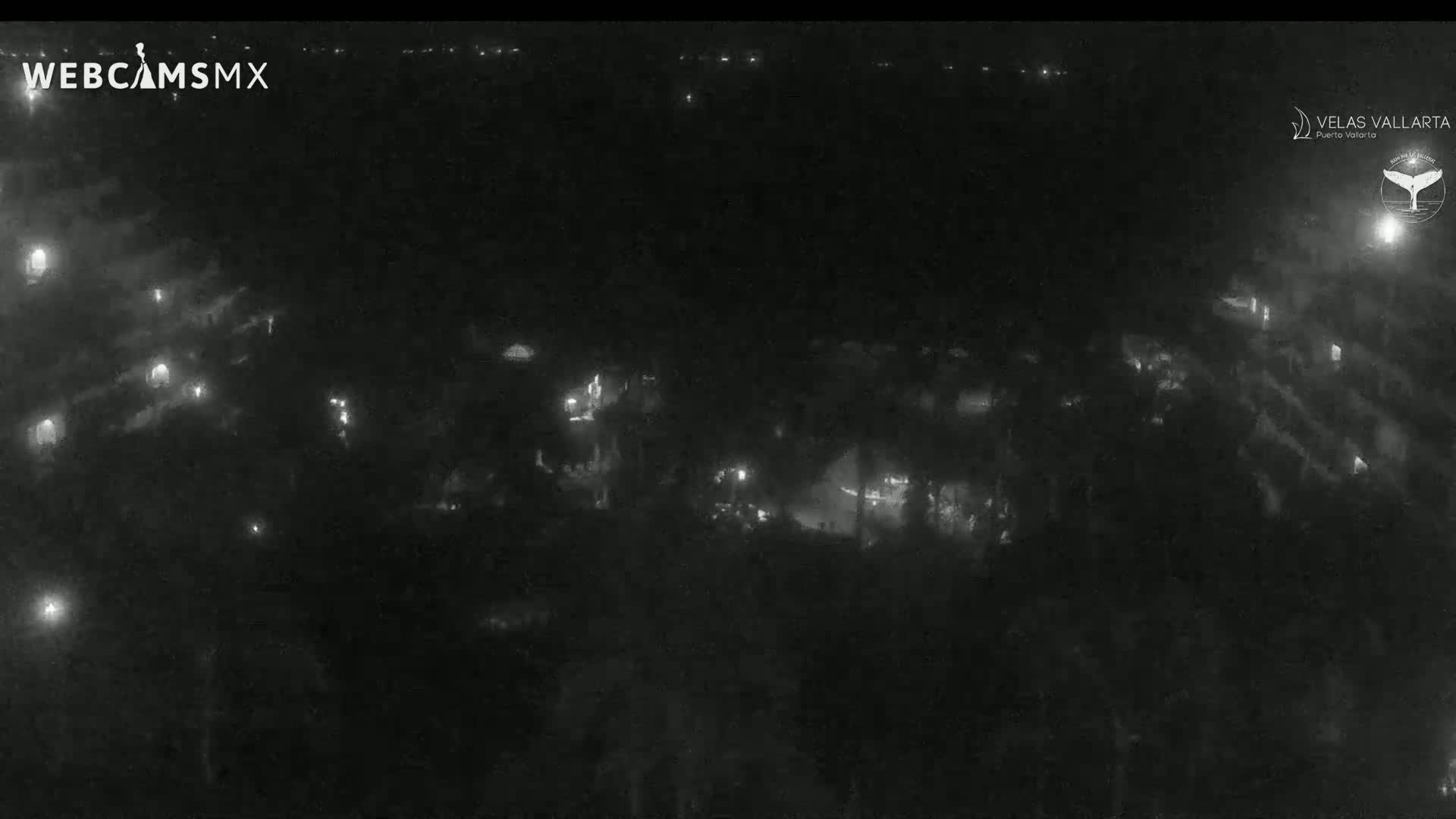 A nighttime, low-light aerial view shows a dark area with sparsely distributed small lights.
