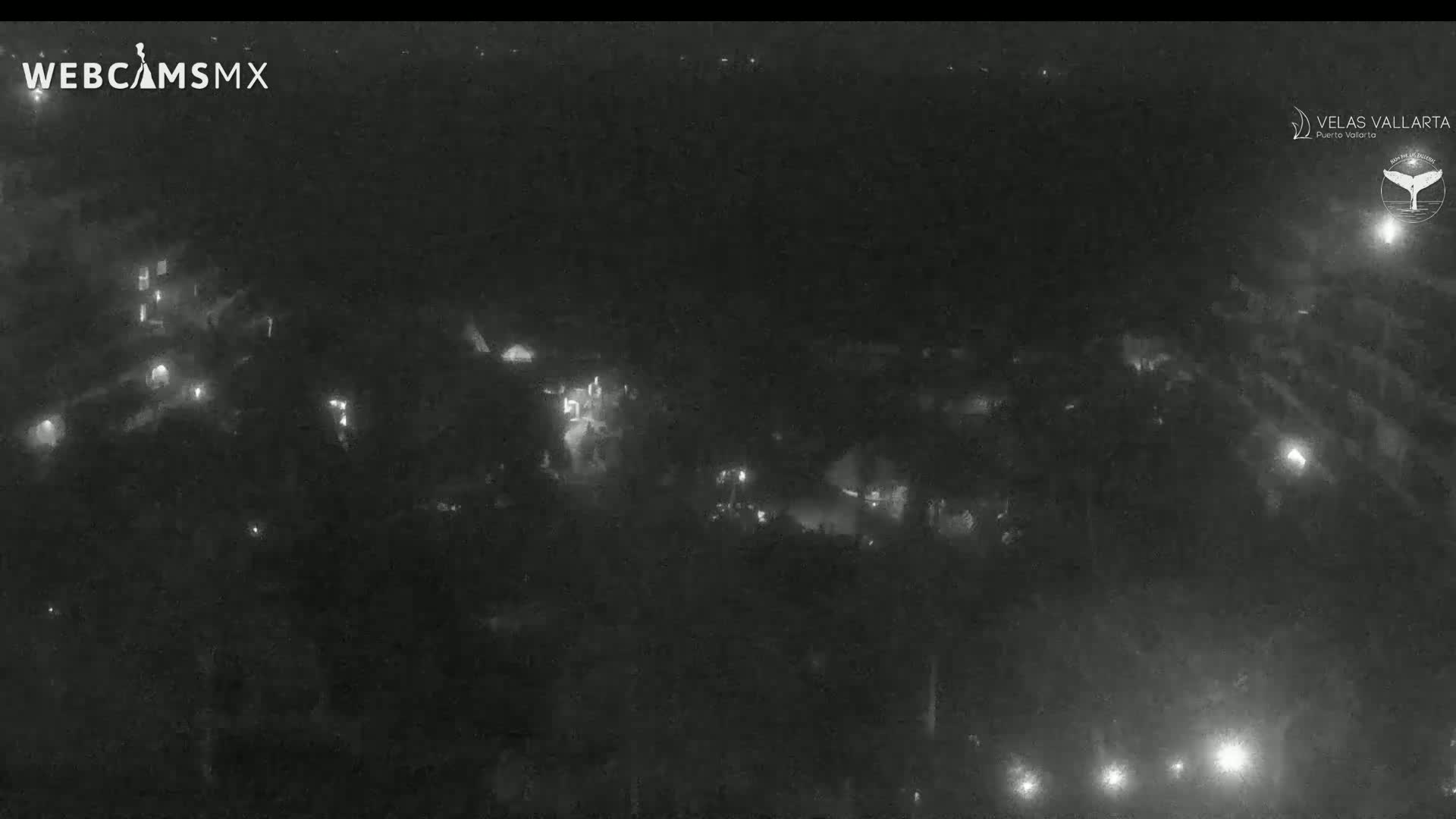 A nighttime, low-light aerial view shows a dark area with sparsely scattered bright lights.