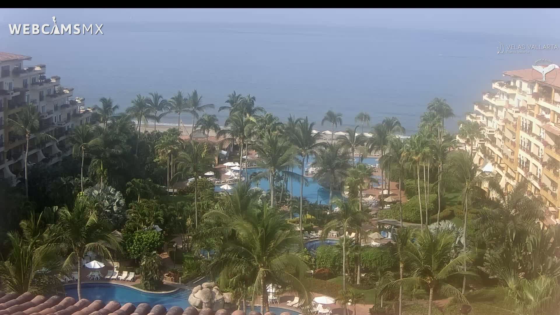 An aerial view shows a tropical resort with multiple pools surrounded by palm trees and buildings, overlooking a calm ocean on a hazy day.