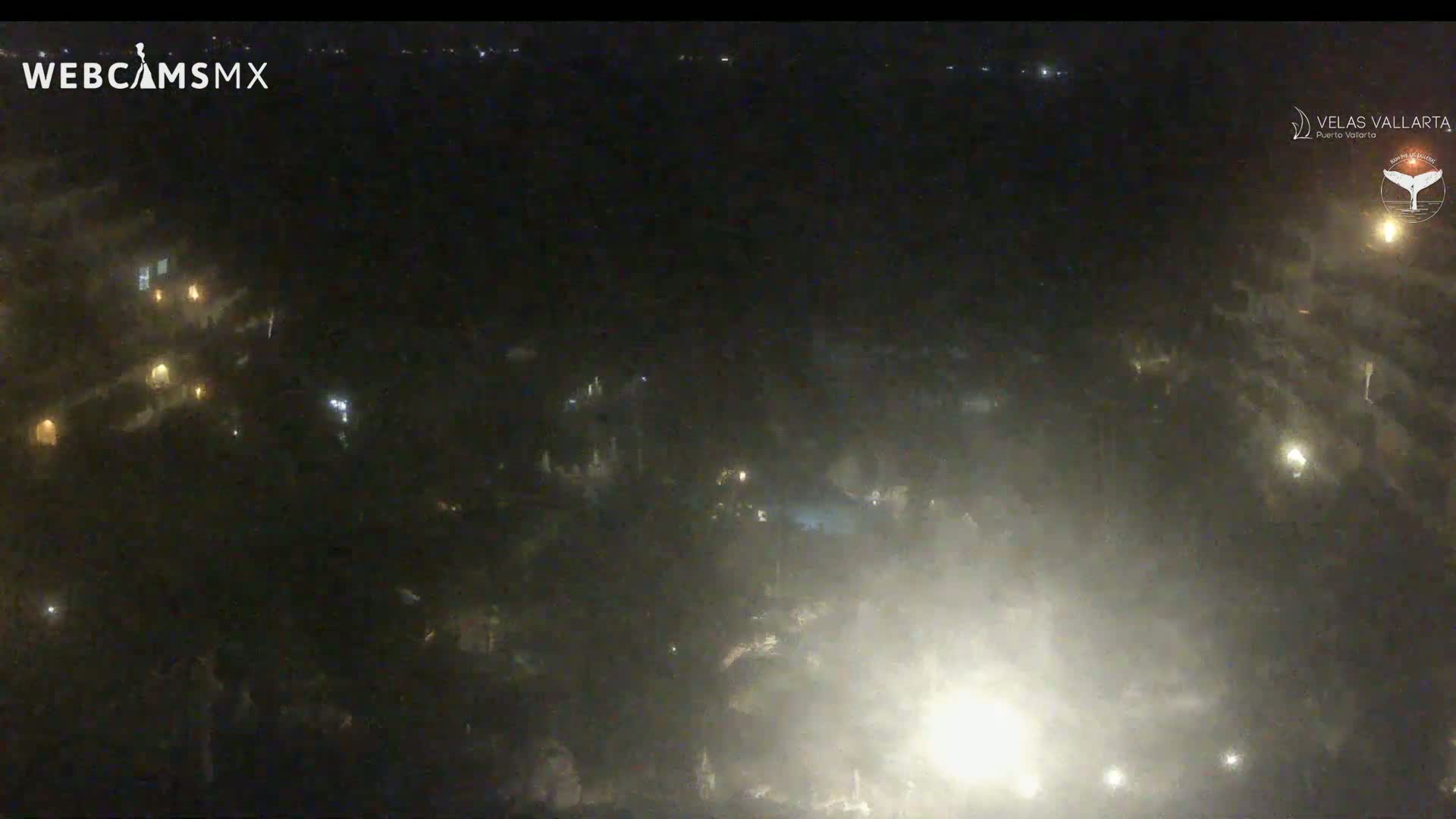 A nighttime, hazy aerial view shows a scattering of lights in a dark, densely vegetated area.