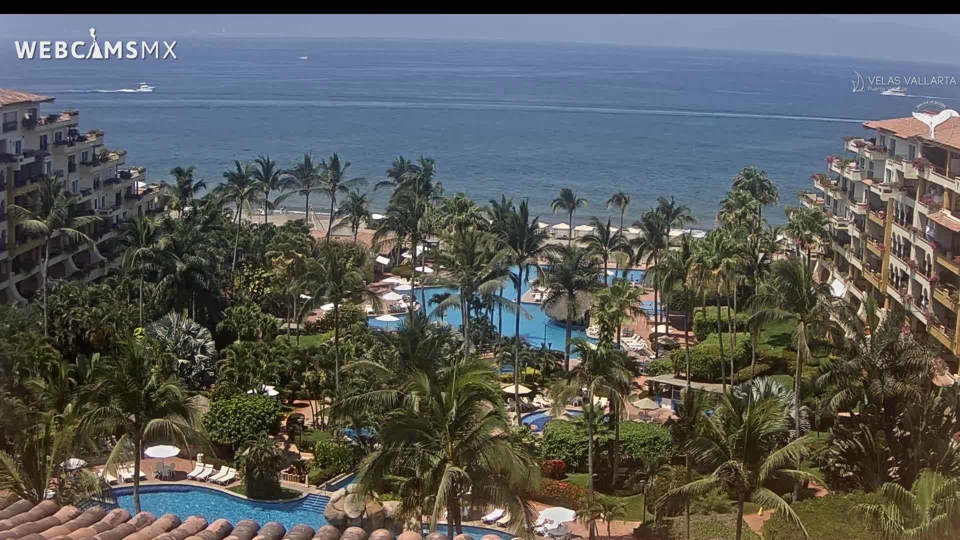 A tropical resort with multiple pools surrounded by palm trees overlooks a calm ocean under a clear sky.
